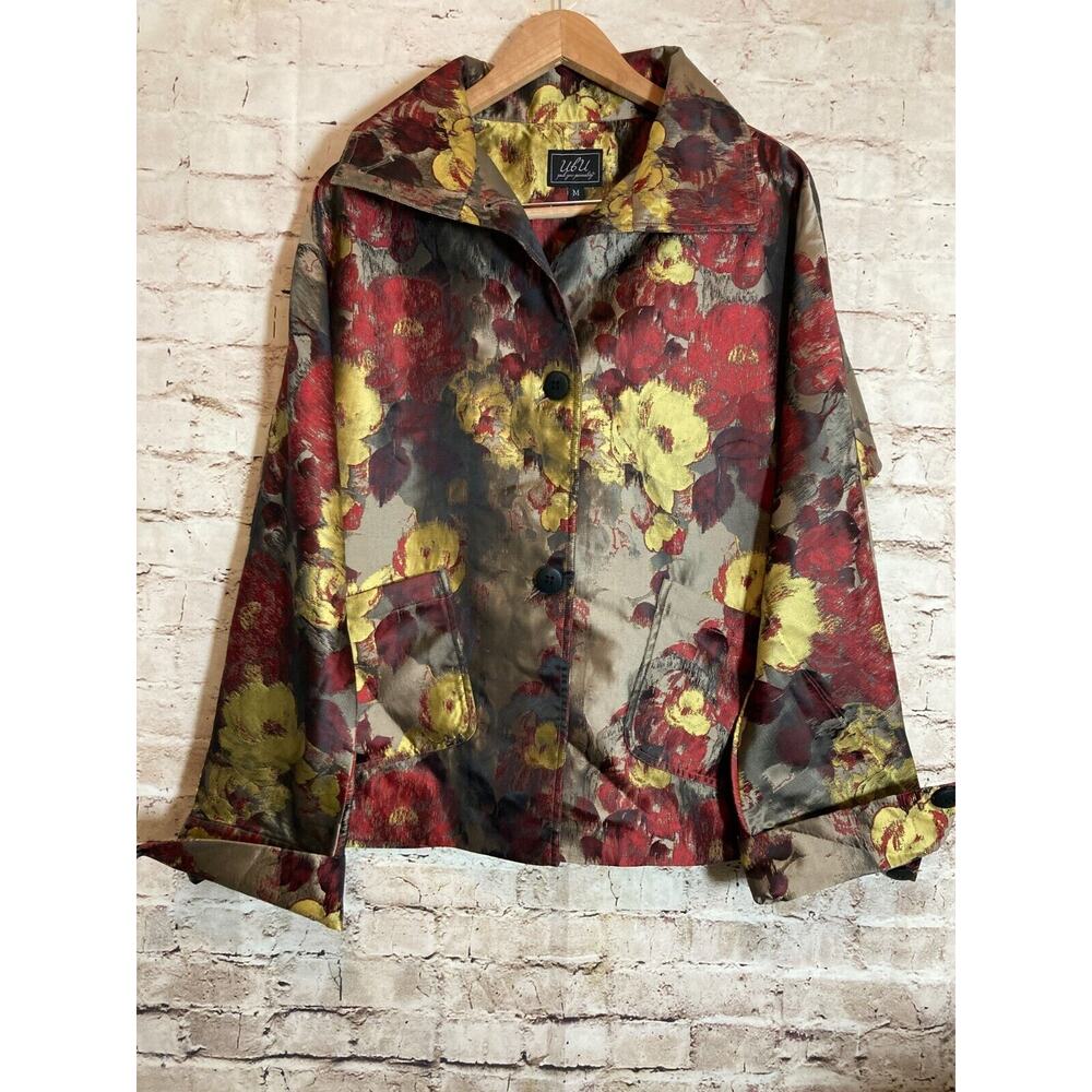 UBU Jacket Womens Medium Rust Watercolor Floral Satin‎ Artsy Art To Wear Pocket